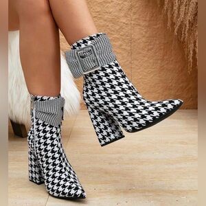 Houndstooth Buckle Ankle Boots - Black & White